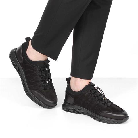 Erkek Siyah Bağcıklı Kalın Tabanlı Nubuk Deri Sneaker