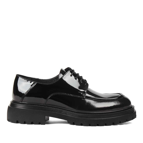 Erkek Siyah Bağcıklı Kalın Tabanlı Rugan Deri Ayakkabı