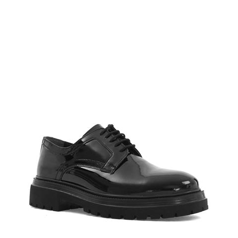 Erkek Siyah Bağcıklı Kalın Tabanlı Rugan Deri Günlük Ayakkabı