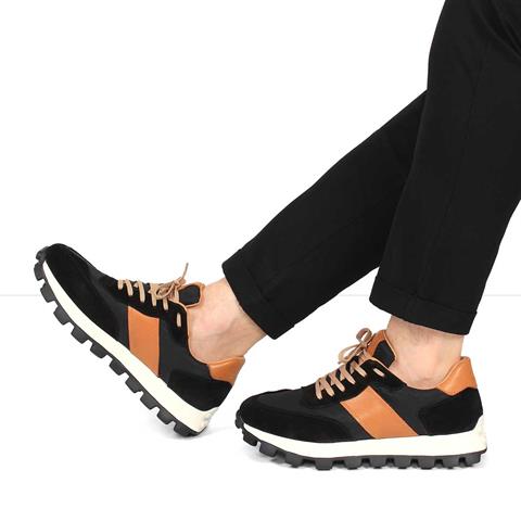 Erkek Siyah Bağcıklı Kalın Tabanlı Süet Deri Sneaker