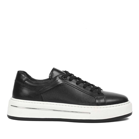 Erkek Siyah Baskılı Bağcıklı Kalın Tabanlı Deri Sneaker