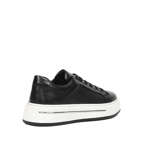 Erkek Siyah Baskılı Bağcıklı Kalın Tabanlı Deri Sneaker