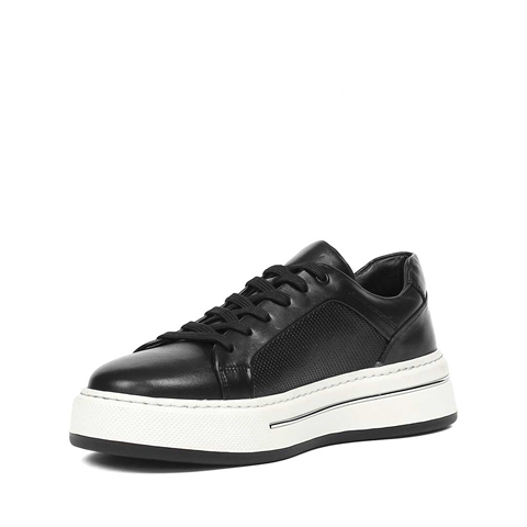 Erkek Siyah Baskılı Bağcıklı Kalın Tabanlı Deri Sneaker