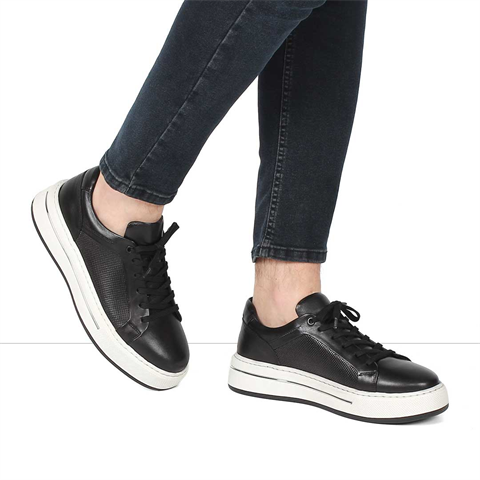 Erkek Siyah Baskılı Bağcıklı Kalın Tabanlı Deri Sneaker