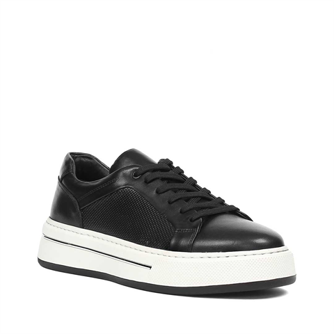 Erkek Siyah Baskılı Bağcıklı Kalın Tabanlı Deri Sneaker