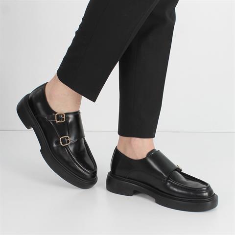 Erkek Siyah Çift Tokalı Açma Deri Günlük Ayakkabı