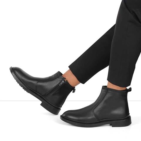 Erkek Siyah Fermuarlı Deri Bot