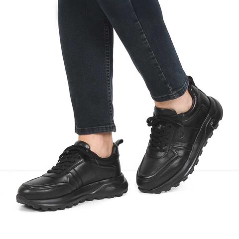 Erkek Siyah Kalın Tabanlı Deri Sneaker