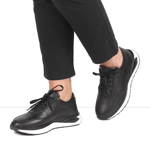 Erkek Siyah Kalın Tabanlı Deri Sneaker