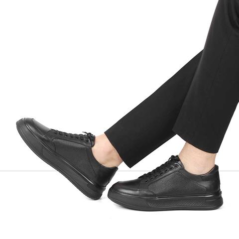 Erkek Siyah Kalın Tabanlı Deri Sneaker