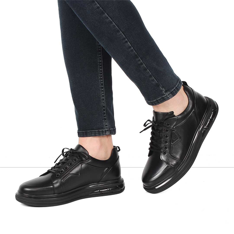 Erkek Siyah Kalın Tabanlı Deri Sneaker