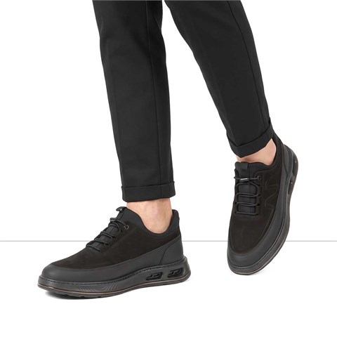 Erkek Siyah Kalın Tabanlı Nubuk Deri Sneaker