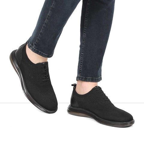 Erkek Siyah Kalın Tabanlı Örgü Deri Ayakkabı