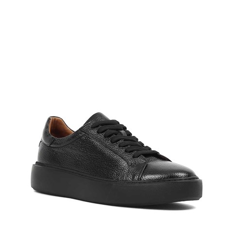 Erkek Siyah Kalın Tabanlı Siyah Deri Sneaker