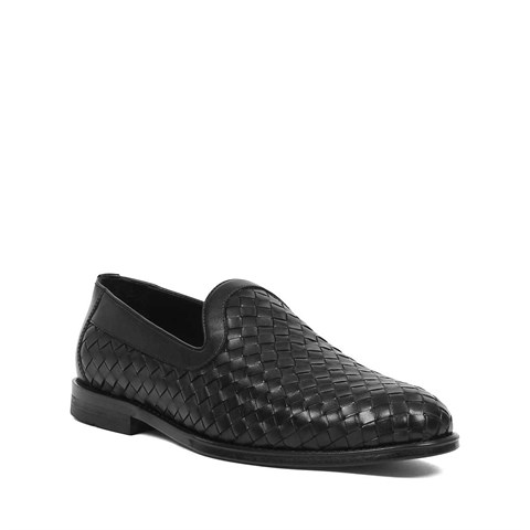 Erkek Siyah Kösele Taban Örgü Deri Loafer