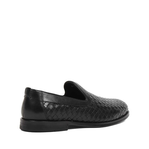 Erkek Siyah Kösele Taban Örgü Deri Loafer