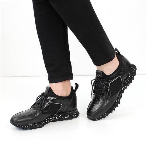 Erkek Siyah Kroko Bağcıklı Kalın Tabanlı Deri Sneaker