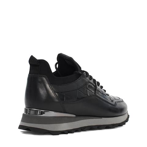 Erkek Siyah Kroko Bağcıklı Kalın Tabanlı Deri Sneaker