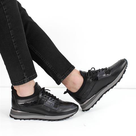 Erkek Siyah Kroko Bağcıklı Kalın Tabanlı Deri Sneaker