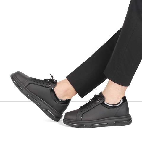 Erkek Siyah Mat Bağcıklı Kalın Tabanlı Deri Sneaker