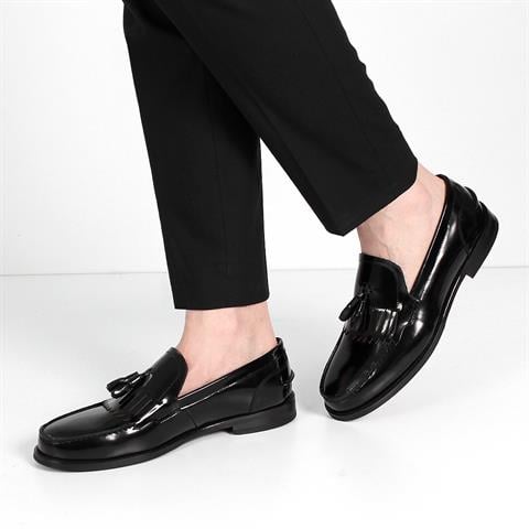 Erkek Siyah Püsküllü Açma Deri Loafer