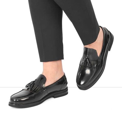 Erkek Siyah Püsküllü Açma Deri Loafer