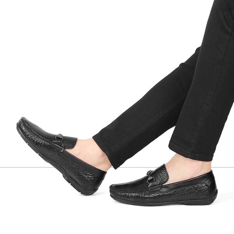 Erkek Siyah Yılan Desenli Deri Loafer