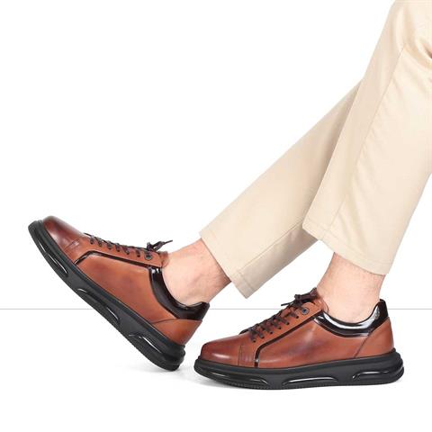 Erkek Taba Bağcıklı Kalın Tabanlı Deri Sneaker