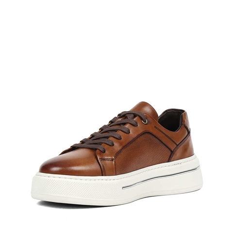 Erkek Taba Baskılı Bağcıklı Kalın Tabanlı Deri Sneaker