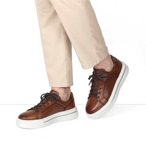 Erkek Taba Baskılı Bağcıklı Kalın Tabanlı Deri Sneaker