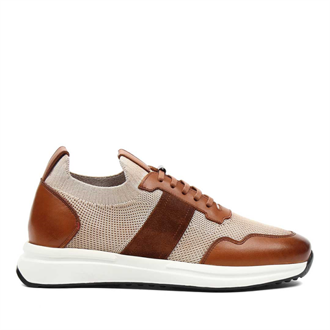 Erkek Taba Bej Bağcıklı Deri Sneaker