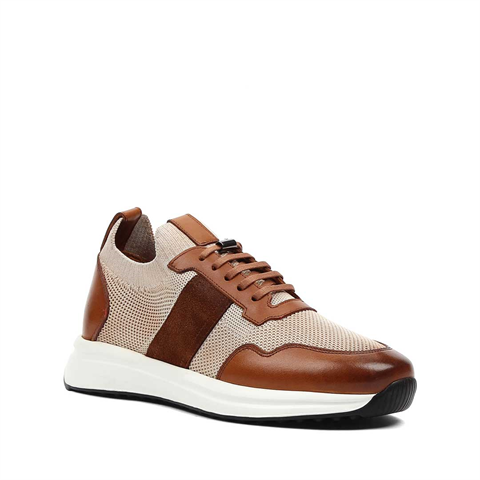 Erkek Taba Bej Bağcıklı Deri Sneaker
