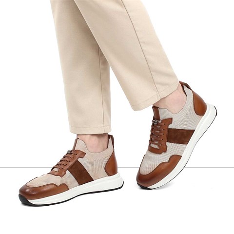 Erkek Taba Bej Bağcıklı Deri Sneaker