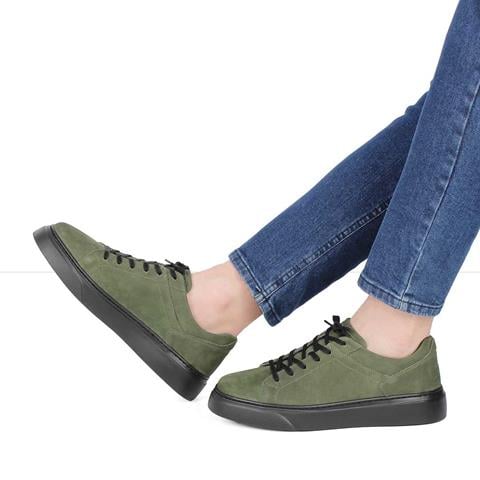 Erkek Yeşil Bağcıklı Kalın Tabanlı Süet Deri Sneaker