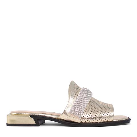 Kadın Gold Parlak Taşlı Deri Terlik