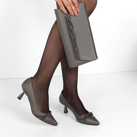 Kadın Gri Taşlı Kısa Topuklu Saten Abiye Ayakkabı