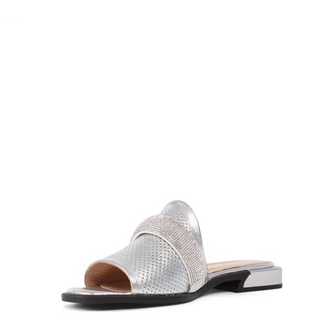 Kadın Gümüş Parlak Taşlı Deri Terlik