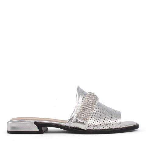 Kadın Gümüş Parlak Taşlı Deri Terlik