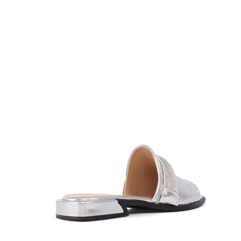 Kadın Gümüş Parlak Taşlı Deri Terlik