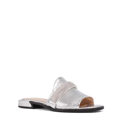 Kadın Gümüş Parlak Taşlı Deri Terlik