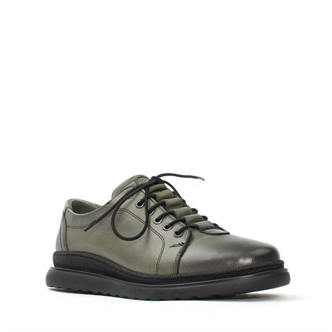 Kadın Haki Bağcıklı Kalın Tabanlı Deri Ayakkabı