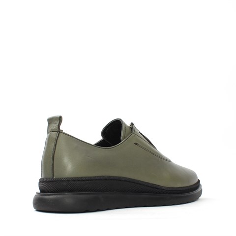 Kadın Haki Fermuarlı Kalın Tabanlı Deri Ayakkabı