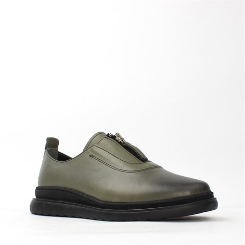 Kadın Haki Fermuarlı Kalın Tabanlı Deri Ayakkabı