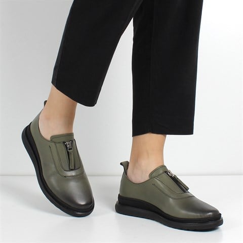 Kadın Haki Fermuarlı Kalın Tabanlı Deri Ayakkabı