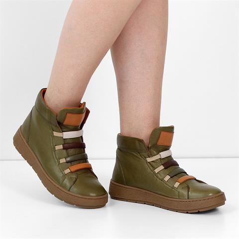 Kadın Haki Kalın Tabanlı Rahat Deri Bot