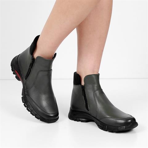 Kadın Haki Çift Fermuarlı Deri Bot