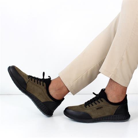 Erkek Haki Bağcıklı Nubuk Deri Sneaker