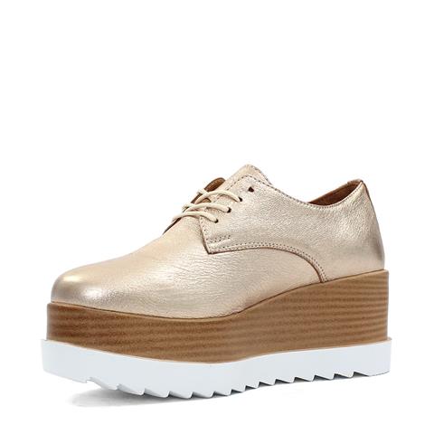 Kadın Altın Bağcıklı Dolgu Topuklu Deri Ayakkabı