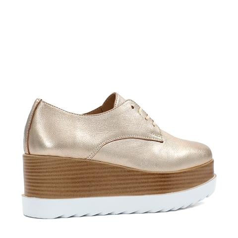 Kadın Altın Bağcıklı Dolgu Topuklu Deri Ayakkabı