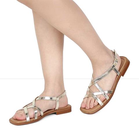 Kadın Altın Bilekten Bantlı Deri Sandalet